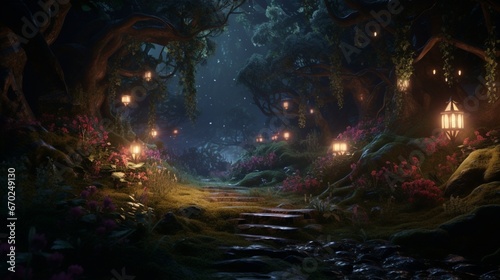 An enchanted forest at twilight  where trees are adorned with glowing runes and mystical creatures roam.