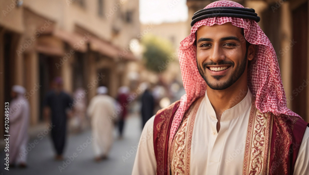 Bellissimo uomo arabo sorridente vestito con l'abito tradizionale in una strada di una città araba