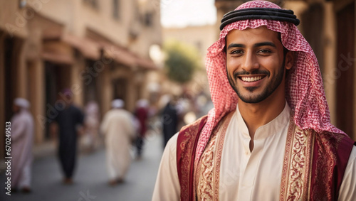Bellissimo uomo arabo sorridente vestito con l'abito tradizionale in una strada di una città araba photo