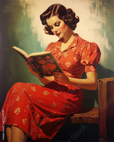 Retro 1960's pin up style postcard of woman reading book in red dress sittin on a chair, green wall behind