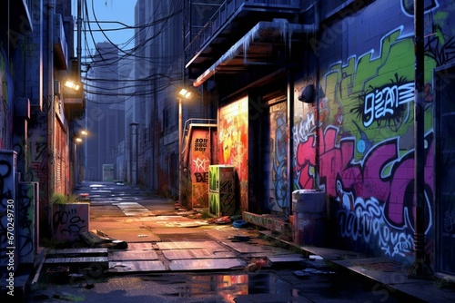 Urban alleyway - graffiti, dim lighting. Generative AI