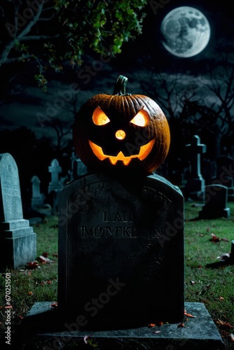 Halloween Jack o'lantern in a graveyard photo