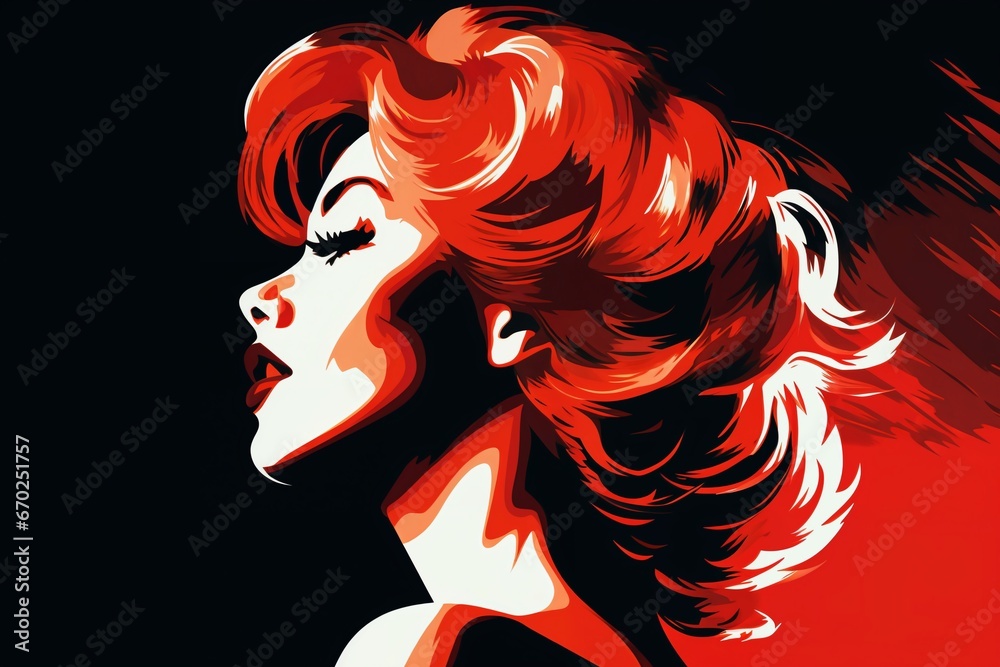 Face close-up, portrait of a beautiful fashionable woman with a hairstyle, red hair, black background.