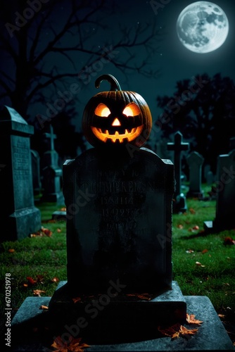 Halloween Jack o'lantern in a graveyard photo