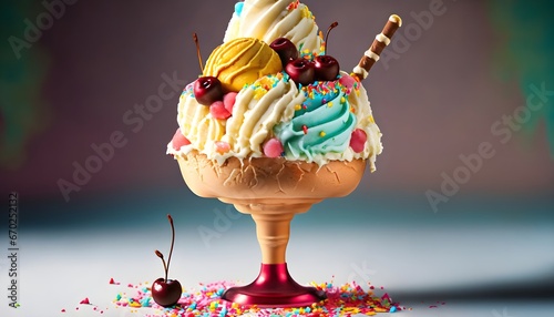 A towering and colorful ice cream sundae topped with whipped cream