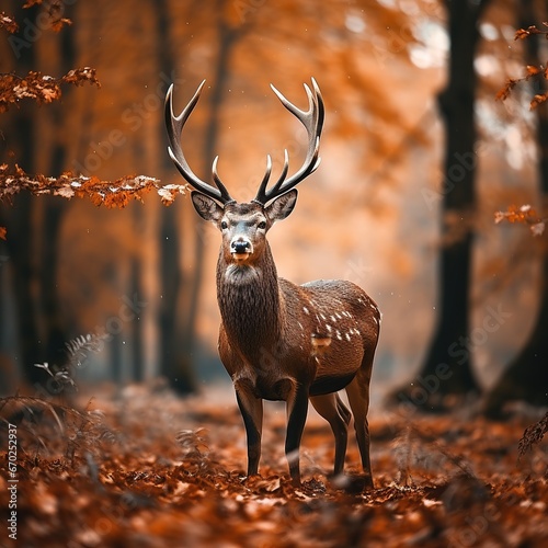 Solitary Deer Standing Among Autumn Foliage and Trees in Forest
