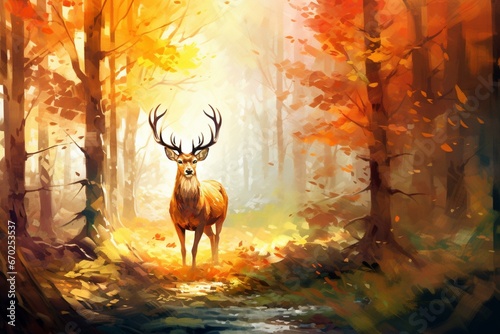 Autumnal deer stands in watercolor woodland clearing with magnificent antlers. Generative AI
