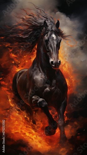 Horse running in flames oil painting, suitable for wall decorations. Generative ai © Hendrikus