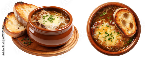 Bundle of two French onion soups topped with melted cheese and a toasted baguette isolated on white background