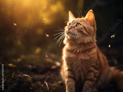 Golden cat sit and looking to an object, golden hour time. Generative ai