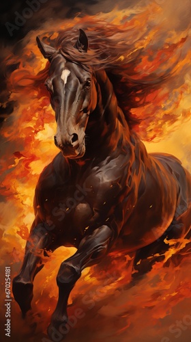 illustration of a dashing horse running in the flames  suitable for wall decoration. Generative ai
