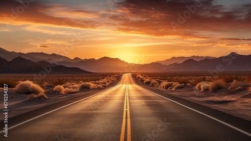 Empty road in the desert  golden hour time. Generative ai