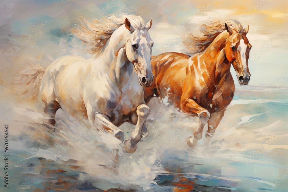 Obraz premium Illustration painting of two horses running in the river, suitable for wall decorations. Generative ai