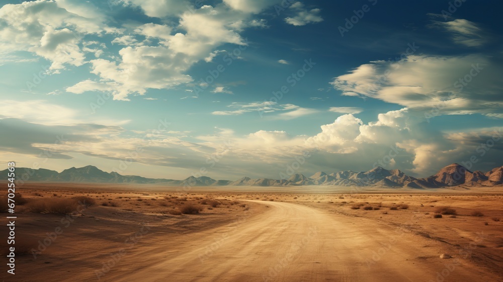 Road in the desert with epic sky and clouds. Generative ai