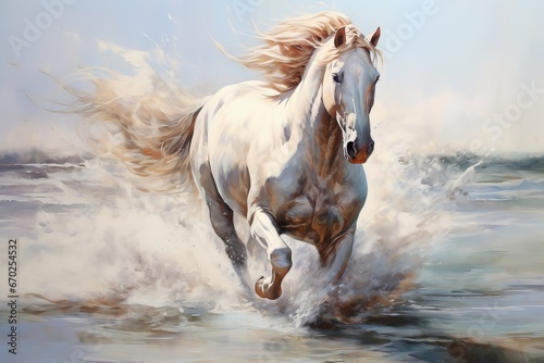 Illustration painting of a white horse running in the river, suitable for wall decorations. Generative ai © Hendrikus