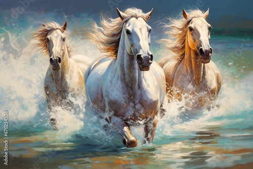 Illustration painting of three white horses running in the river, suitable for wall decorations. Generative ai