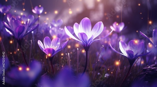An extraterrestrial meadow filled with luminous Cosmic Crocus blossoms, bathed in the soft glow of distant galaxies.