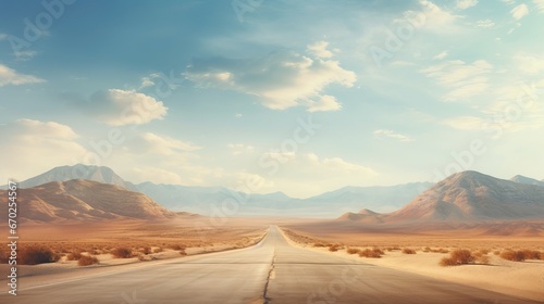 Empty road in the desert, epic sky and clouds, with mountains far away. Generative ai