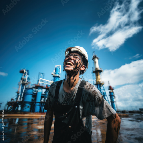 Happy oil refinery worker man on drilling platform, soiled in oil, smiles and looks at sky, on background of factory pipes and structures