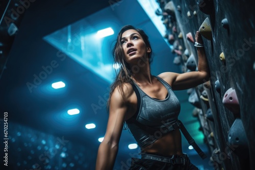 Rock climbing gym girl. Active lifestyle, healthy living, sports fitness beauty . Beautiful female in athletic perfect form poses in the climbing gym. © Alla