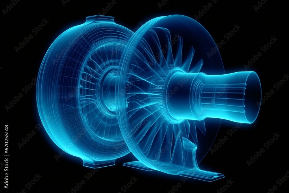 Transparent blue 3D x-ray of a turbine. Generative AI - obrazy, fototapety, plakaty 