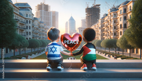 Palestine and Israel peace concept, Gaza conflict and war, kids together with their flags representing peace and end of war negotiation, balloon flying, children photo