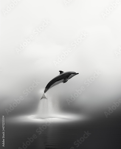 Salto Solitario en el Océano: La Majestuosidad de un Delfín Solitario Capturada en una Fotografía en Blanco y Negro Ideal para Pósters y Panorámicos