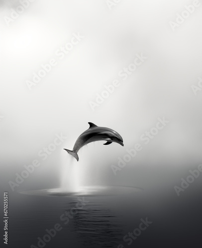 Elegancia Natural: Un Delfín Solitario en Blanco y Negro Realizando su Salto Majestuoso Sobre el Agua Calmada