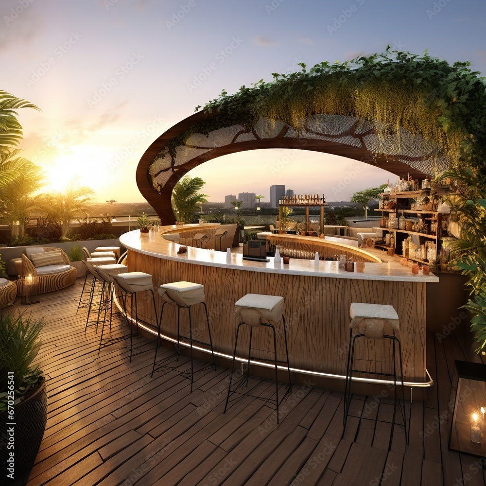 visualize an oasis beer garden on a rooftop with a curved modern bar ...