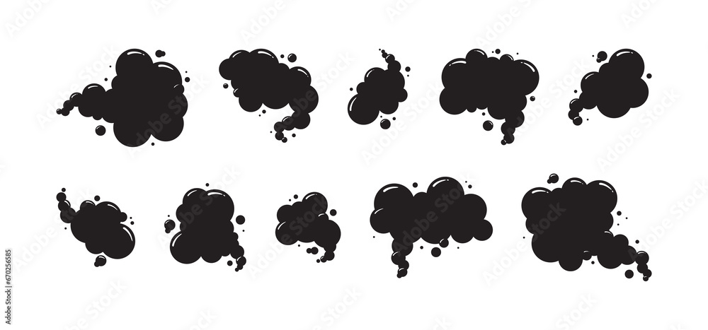 Comic fart clouds, smell smoke poof, speed bad air gas, cartoon black poison stink odour isolated on white background. Aroma vector illustration - obrazy, fototapety, plakaty 