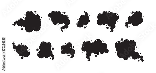 Comic fart clouds, smell smoke poof, speed bad air gas, cartoon black poison stink odour isolated on white background. Aroma vector illustration photo