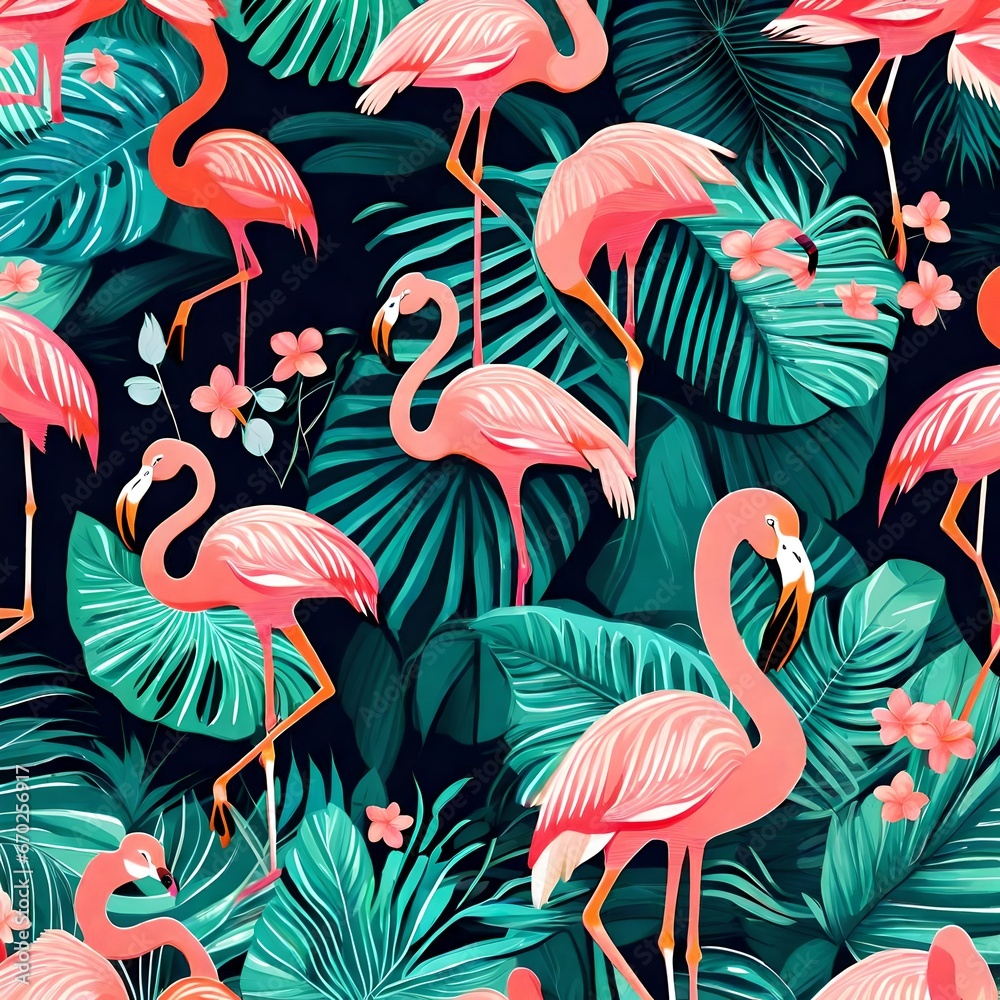 Naklejka premium seamless pattern with pink flamingos