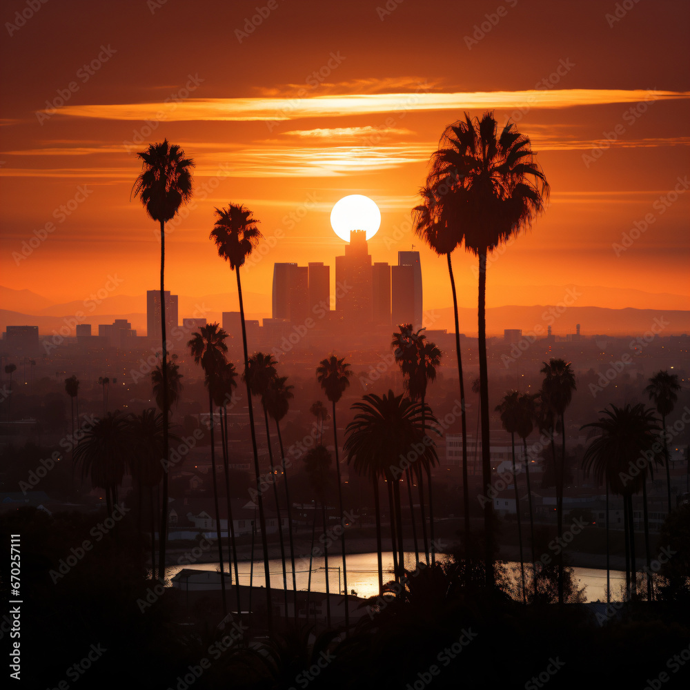 peaceful sunset over california, urban jungle skyline with skyscrapers