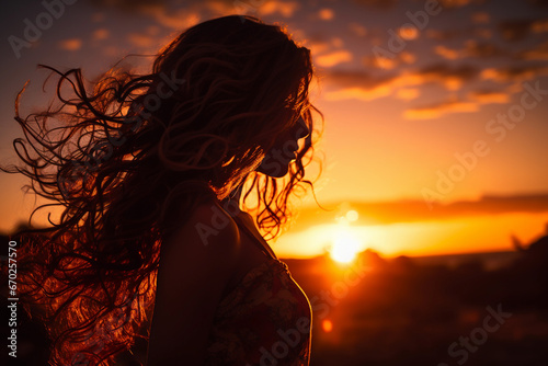 Portrait a woman with curly hair in sunset