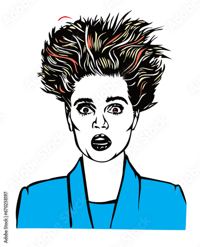 shocked woman's hair stands straight up