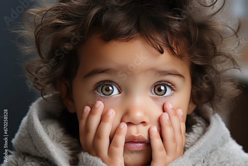 scared little baby with hands on face. Feeling of fear and anguish photo