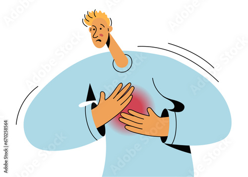 Young man holds his stomach with both hands, healthcare. Problems with intestines or digestion.