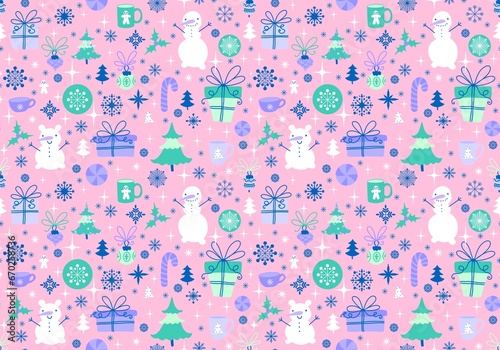 Wallpaper Mural Christmas tree and snowman seamless snowflakes and cup of tea and gift and candy pattern for wrapping paper Torontodigital.ca