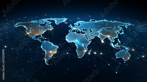 modern and minimalist image that symbolizes the global stock market's interconnectedness sleek, digital world map with nodes and lines representing international trade and stock exchanges