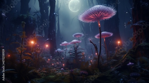 An otherworldly Nebula Nettle surrounded by surreal, luminescent flora in an extraterrestrial forest.