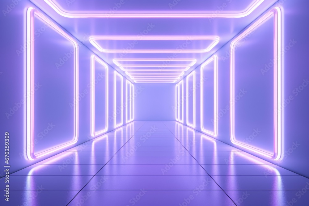 Long empty corridor with neon lights. Background with selective focus and copy space