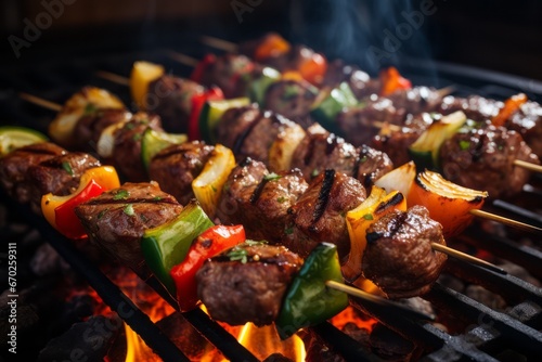 Appetizing shish kebab on skewers. Traditional American cuisine. Popular authentic dishes. Background
