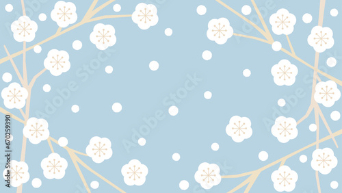 白い梅と雪のイラスト　アスペクト比16：9バージョン
