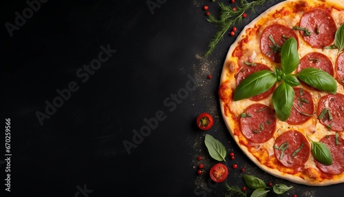 Tasty pepperoni pizza on black concrete background, Tasty pepperoni pizza and cooking ingredients tomatoes basil on black concrete background, Top view of hot pepperoni pizza, With copy space for text
