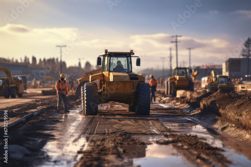 A construction site with workers operating heavy machinery to build a new highway, illustrating the Concept of road infrastructure development. Generative Ai.