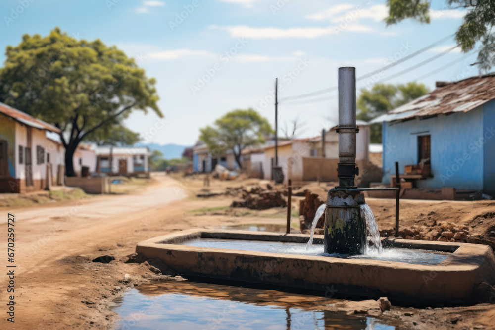 Fototapeta premium A rural village celebrating the arrival of clean drinking water through a new well, emphasizing the Concept of water infrastructure in remote areas. Generative Ai.