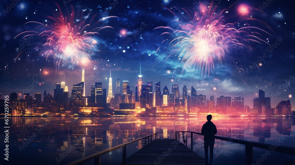 fireworks over night city sky, holiday background, bright colorful lights fireworks over night city sky, holiday background, bright colorful lights