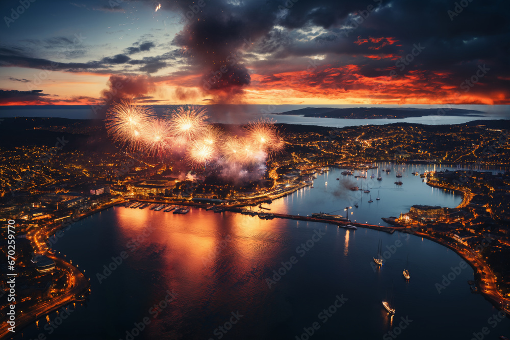 fireworks over night city sky, holiday background, bright colorful lights, aerial view