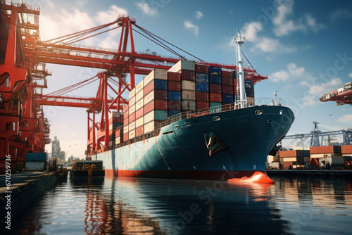 A cargo ship docked at a bustling seaport with shipping containers being unloaded, portraying the Concept of maritime infrastructure. Generative Ai. photo