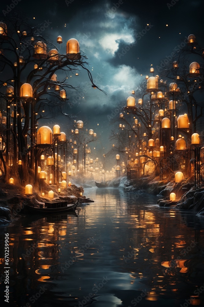 wonderland, lights along the river in the winter forest at night, beautiful nature, fairytale environment